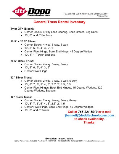 Cover of DTI Truss Rental Inventory 2023